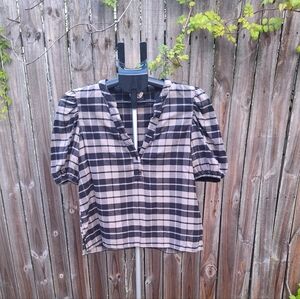 Nation LTD plaid Puff Sleeve Sz S  V Neck Blouse Pima Cotton Modal Womans Top